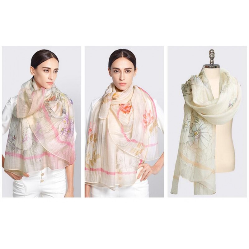 Wool Silk Scaves Beige Embroidery Women Summer Scarf